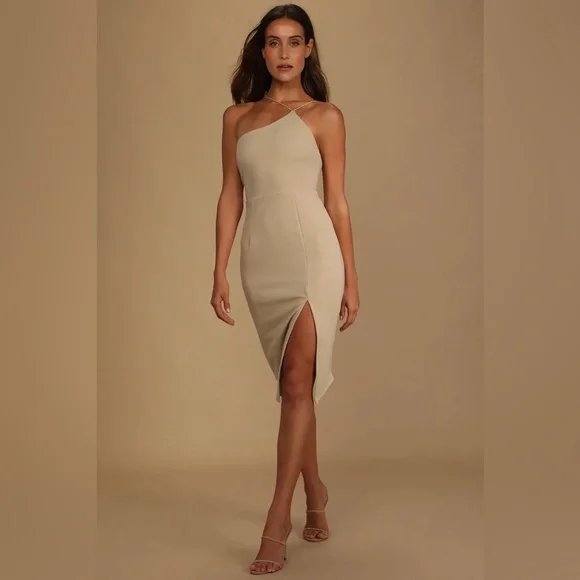 beige mother of bride dress Women's Beige Bodycon Dress Long Sleeve Midi main image 1